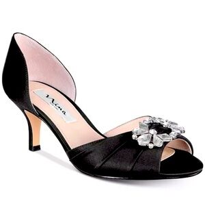 Nina Corrine Black Satin Jeweled Mid-Heel d'Orsay Classic Evening Pump 9.5
